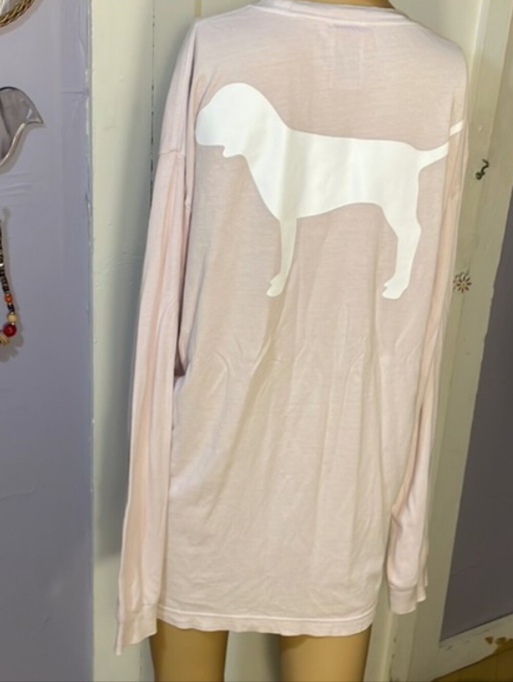 PINK VS Light Pink Long Sleeve Tee with Large White Dog Silhouette